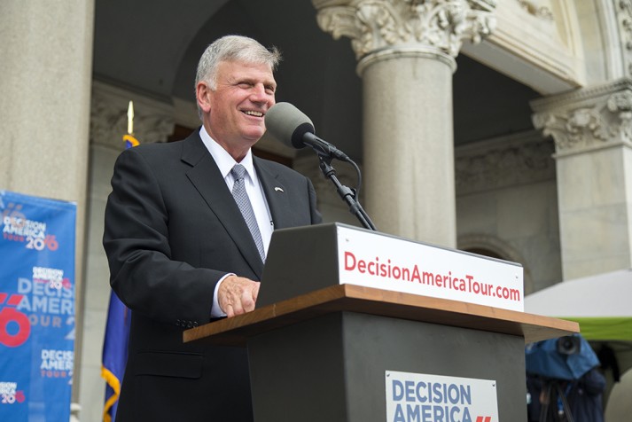 Franklin Graham led an impassioned group of people during a time of prayer on Thursday at the Decision America Tour stop in Hartford, Connecticut. This rally was the 42nd of the year for Franklin Graham, who has eight states left on his quest to hold a time of prayer in all 50 U.S. capitals in 2016.