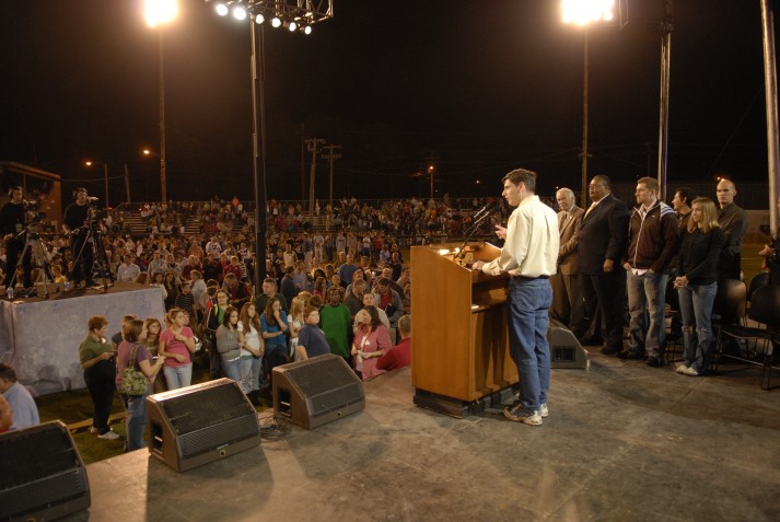 Will Graham talking to crowd from podium