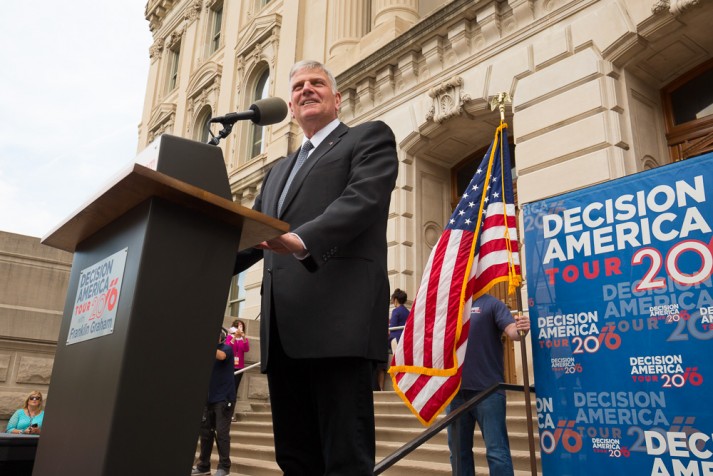 Franklin Graham encouraged the Indiana crowd to pray and get involved politically.