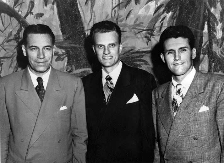 George Beverly Shea (left), Billy Graham, and Cliff Barrows (right) in the late 1940s.