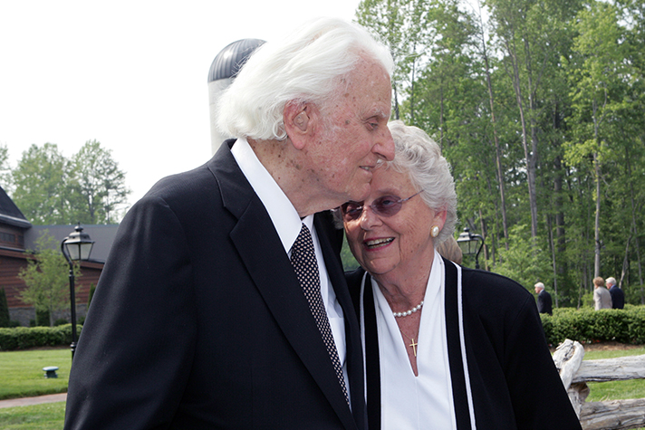 Jean Graham Ford and her brother, Billy Graham, greet one another at the dedication ceremony for the Library in 2007.