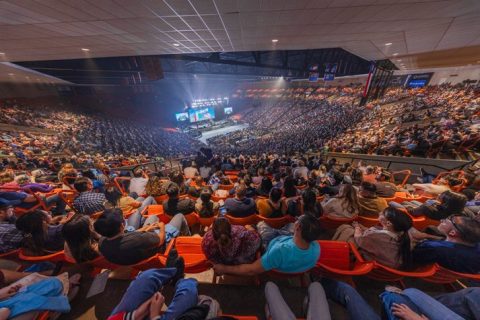A packed auditorium ready to hear Franklin Graham preach