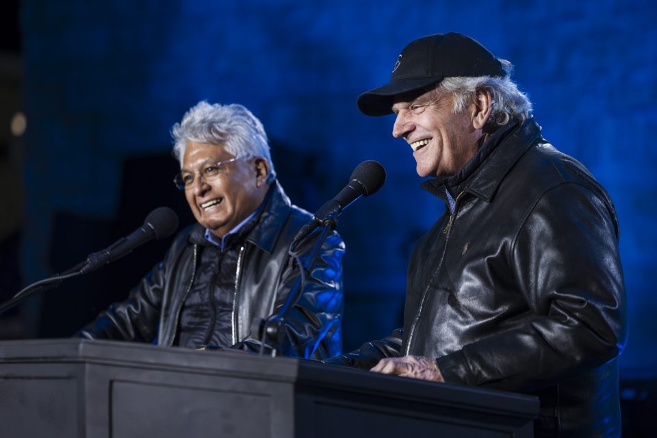Franklin Graham—through his interpreter, BGEA evangelist David Ruiz—shares a light moment with the more than 3,000 people gathered on a chilly night at the Maverick County Amphitheatre.