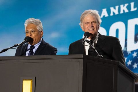 Franklin Graham preaching the Gospel with his Spanish interpreter David Ruiz.
