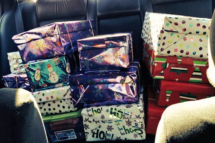 shoeboxes in back seat