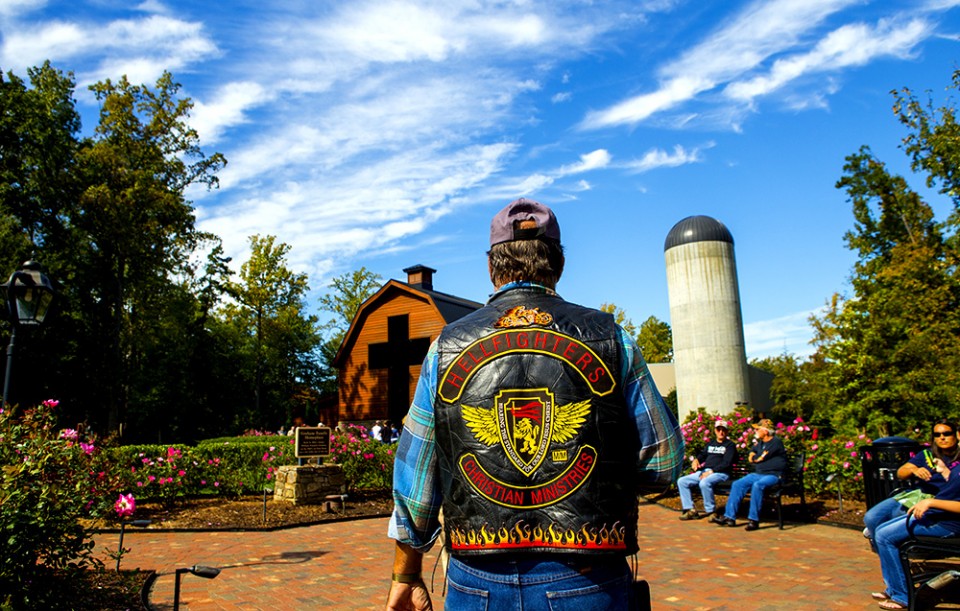 Biker jacket in front of Library