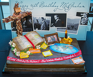 A birthday cake and sign in honor of Billy Graham's 96th birthday on Nov. 7.
