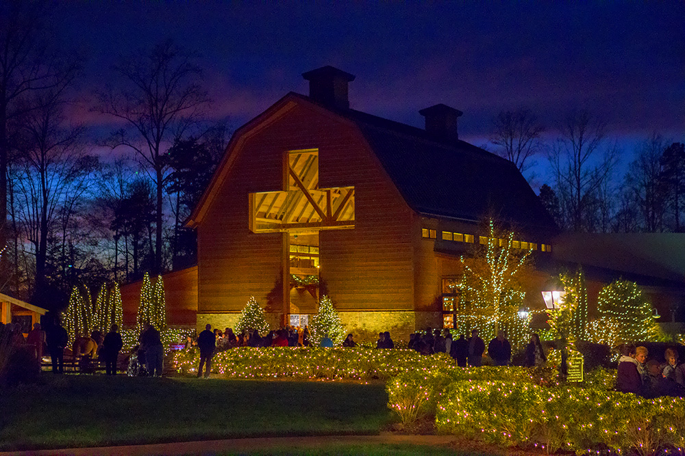 The Billy Graham Library at night; decorated with Christmas lights