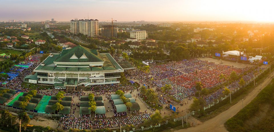 Aerial picture of Festival. Shows large crowd at Myanmar Convention Center