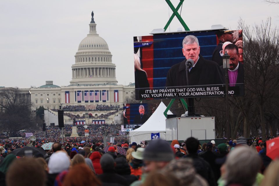 Large screen in front of Capitol, showing Franklin Graham