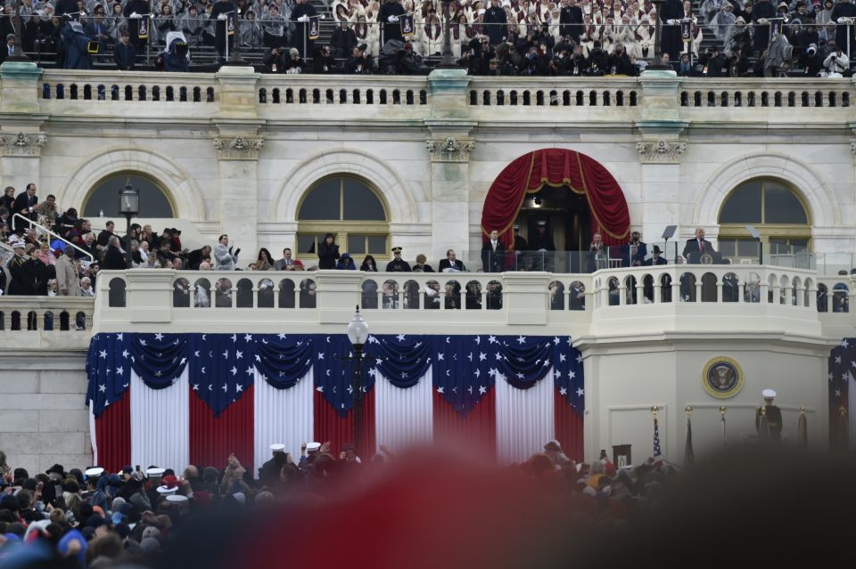 President Trump at podium on Capitol balcony