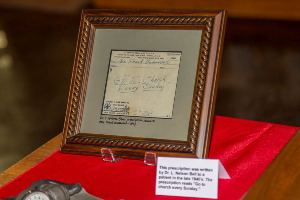 Framed picture of prescription from Dr. L. Nelson Bell, Ruth Bell Graham's father