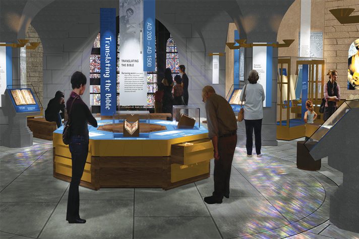 People glancing at encased artifacts in large circular room