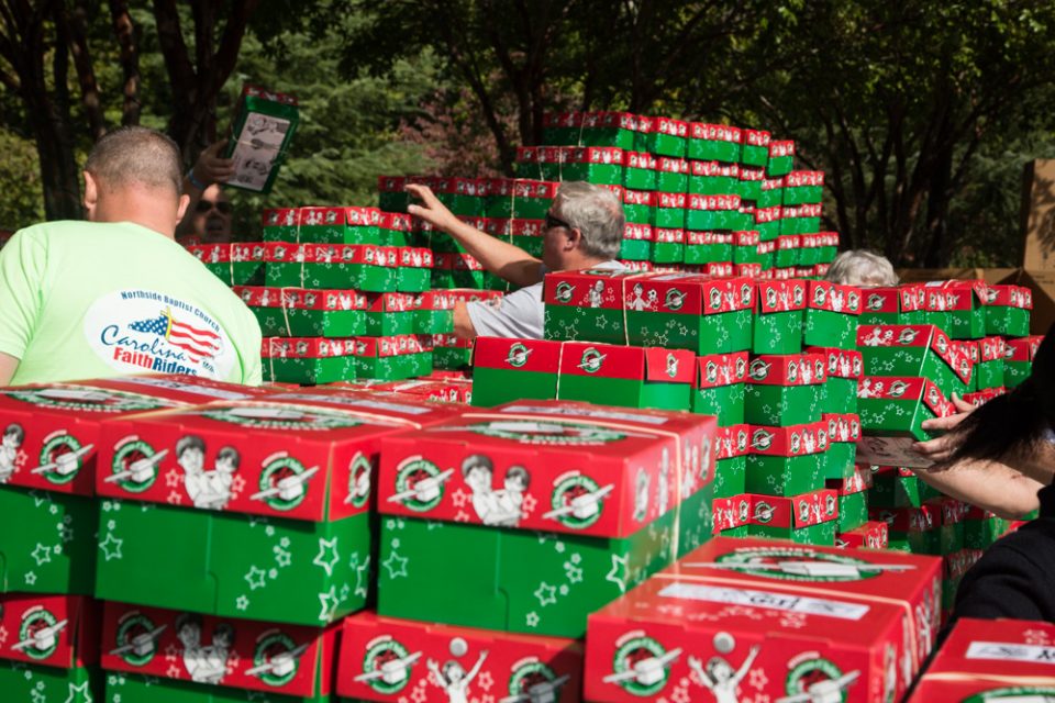 Hundreds of Operation Christmas Child shoeboxes