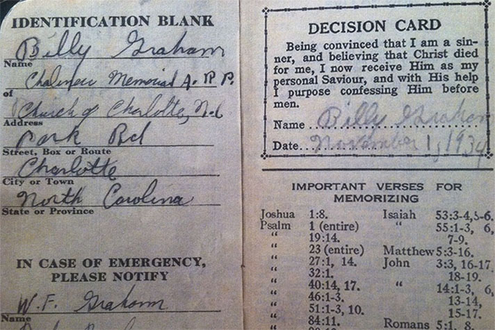 Billy Graham's decision card from Nov. 1, 1934