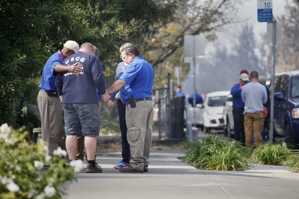 Billy Graham Rapid Response Team chaplains pray with people affected by the California wildfires