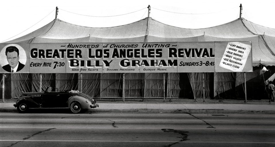 Tent with Greater Los Angeles Revival banner