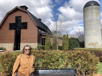 Woman in front of library