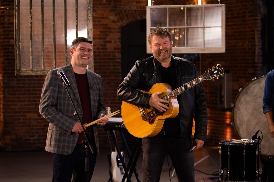 Will Graham and Mark Christian (right) have worked together leading Celebrations for 15 years. Christian hosts and also leads worship, including at team devotions for the BGEA staff and volunteers on the road.