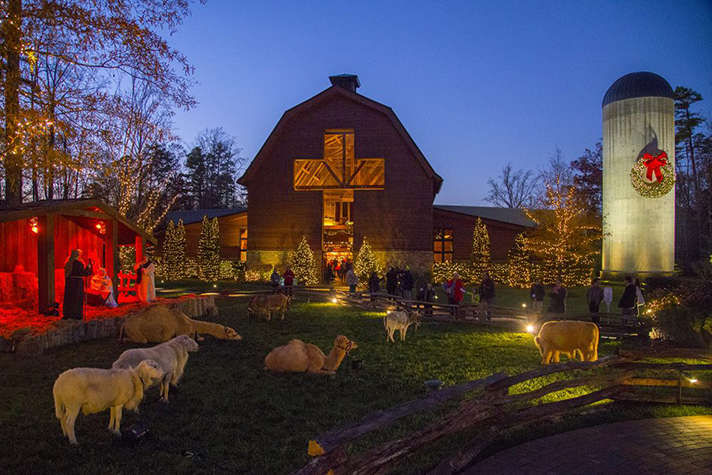 Billy Graham Library live nativity, barn with cross-shaped entrance