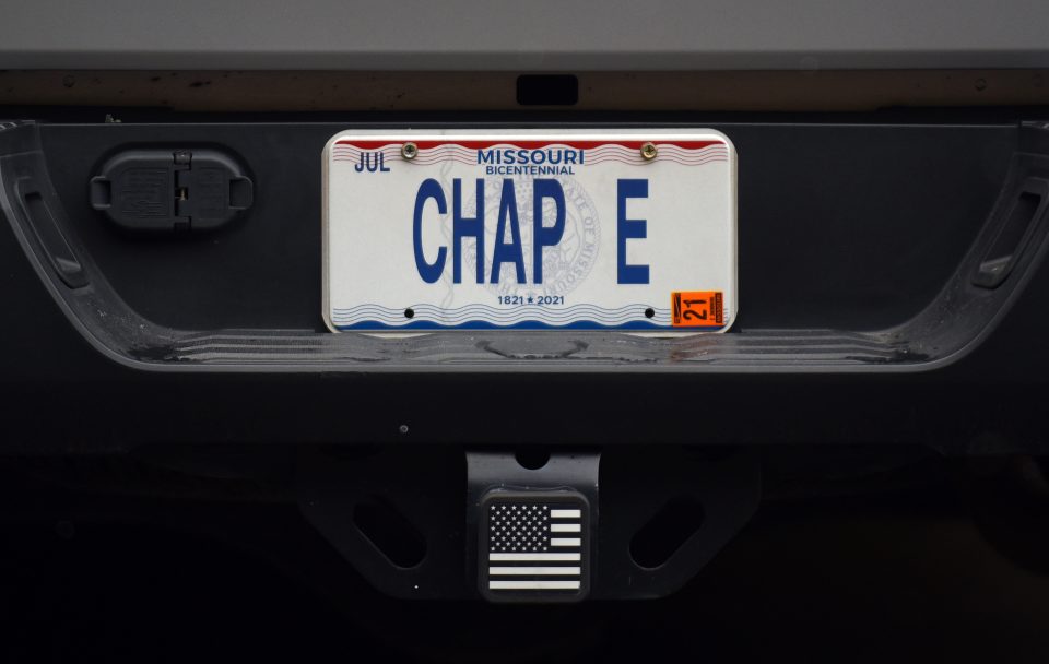 License plate that says "CHAP E" from Missouri