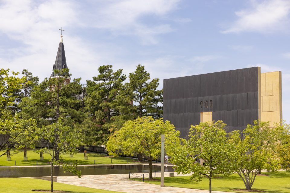 Memorial wall, reflection pool, chairs