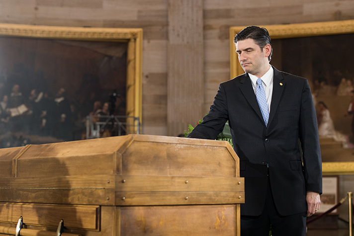 Will Graham with Billy Graham casket