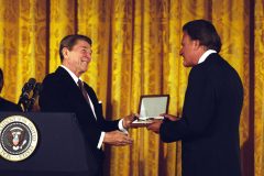 President Ronald Reagan presents the Presidential Medal of Freedom (the highest award the president can bestow on a private citizen) to Billy Graham on Feb. 23, 1983, for his "exceptional contributions to the United States on behalf of world peace."