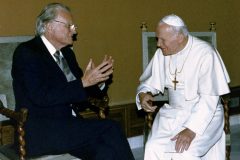 Billy Graham speaks with Pope John Paul II in 1993. After their first meeting in 1981, Graham had said "after only a few minutes, I felt as if we had known each other for many years."