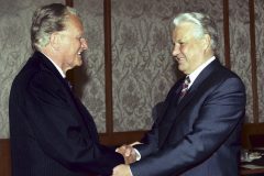In 1991, Billy Graham greets President Boris Yeltsin at The Kremlin, U.S.S.R.