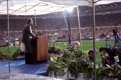 Despite torrential rain that flooded surrounding roads, 73,500 people jam into London’s Wembley Stadium for the final night of Mission ’89. Three of these July 1989 meetings were televised in 30 African countries with audiences for each program ranging from 22 million to 30 million.