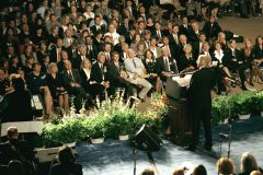 Billy Graham delivers a message at the April 23, 1995, memorial service for the Oklahoma City bombing.