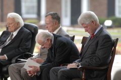 Billy Graham is joined by former Presidents George H.W. Bush, Jimmy Carter and Bill Clinton at the Billy Graham Library dedication ceremony on May 31, 2007.