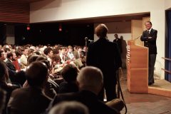 Throughout his years of ministry, Billy Graham addressed students at dozens of colleges, seminaries and universities—like these students at the John F. Kennedy School of Government, Harvard University, in 1982.