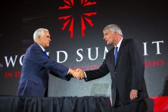 May 11: Franklin Graham greets Vice President Mike Pence, who addressed some 600 participants in the World Summit in Defense of Persecuted Christians.
