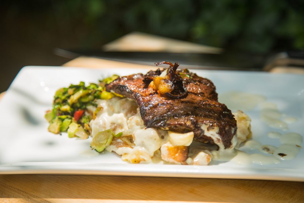 Grilled Iron Steak with Blue Cheese Bread Pudding